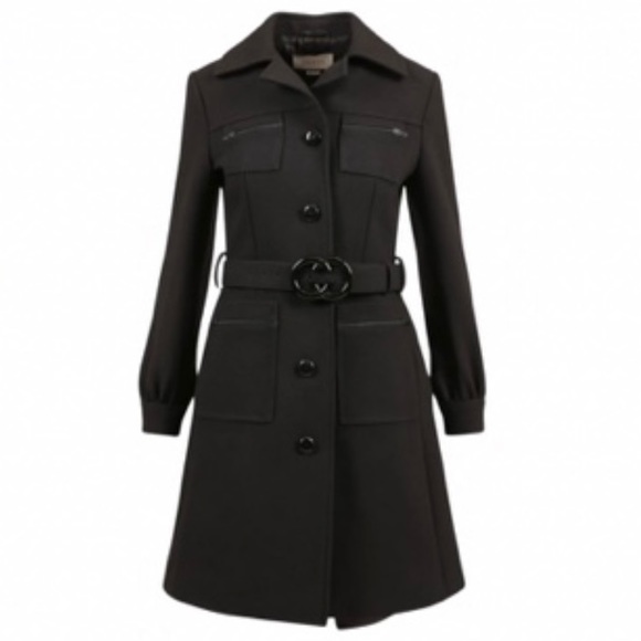 GUCCI black wool jacket large logo belt button down cuff long coat Luxury NWT - Picture 2 of 14